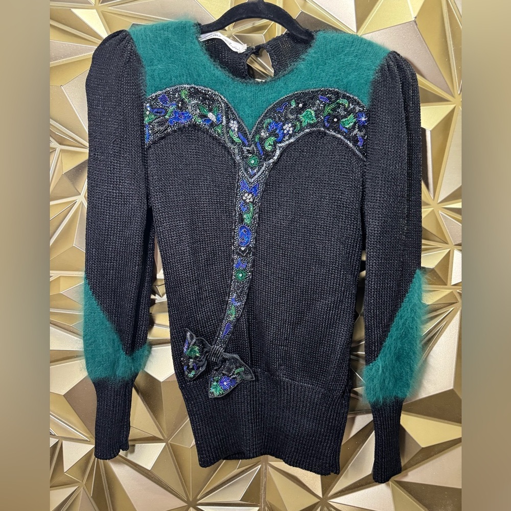 Vintage Lillie Rubin Black Knit Beaded Sweater Teal Angora Trim Bow Detail 80s